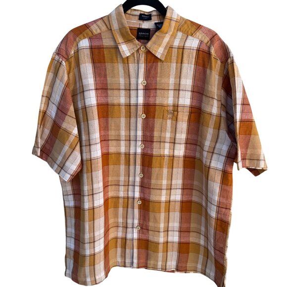 Arrow Mens Orange Plaid Linen Cotton Short Sleeve Button-Up Short Sleeve Shirt L - Picture 1 of 9